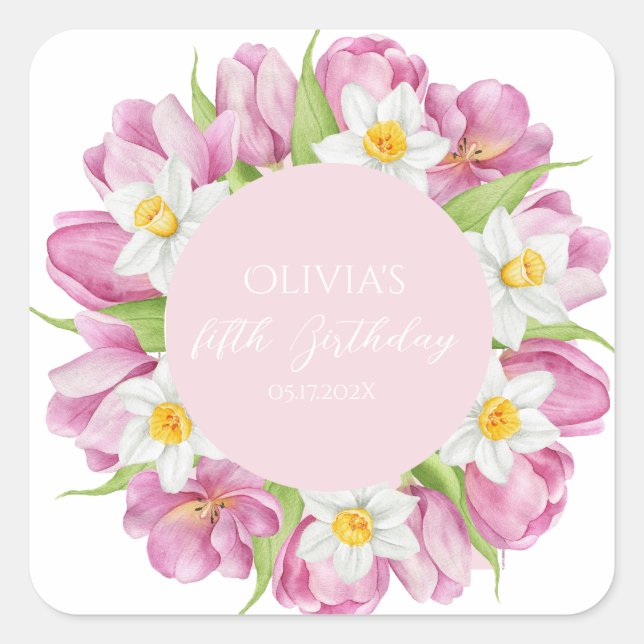 Spring Colourful Flower Kids Birthday Square Sticker (Front)