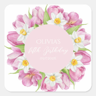 Spring Colourful Flower Kids Birthday Square Sticker