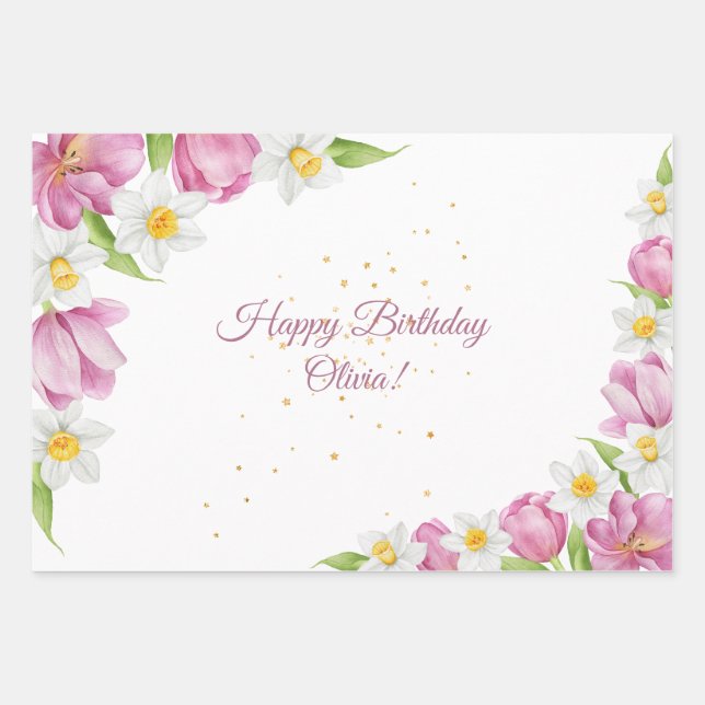 Spring Colourful Flower Kids Birthday Wrapping Paper Sheet (Front)