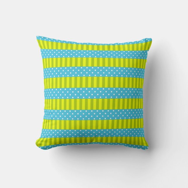 Spring Colours Blue and Green Stripes Polka Dots Cushion (Front)