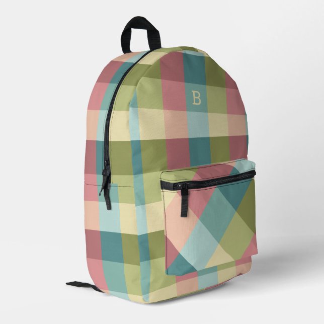 Spring colours geometric squares pattern monogram printed backpack (Back Corner Left)