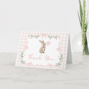 Spring Coquette Bunny Pink Gingham 1st Birthday Thank You Card