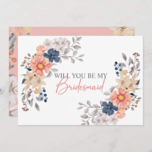 Spring Coral Navy Floral Will You Be My Bridesmaid Invitation