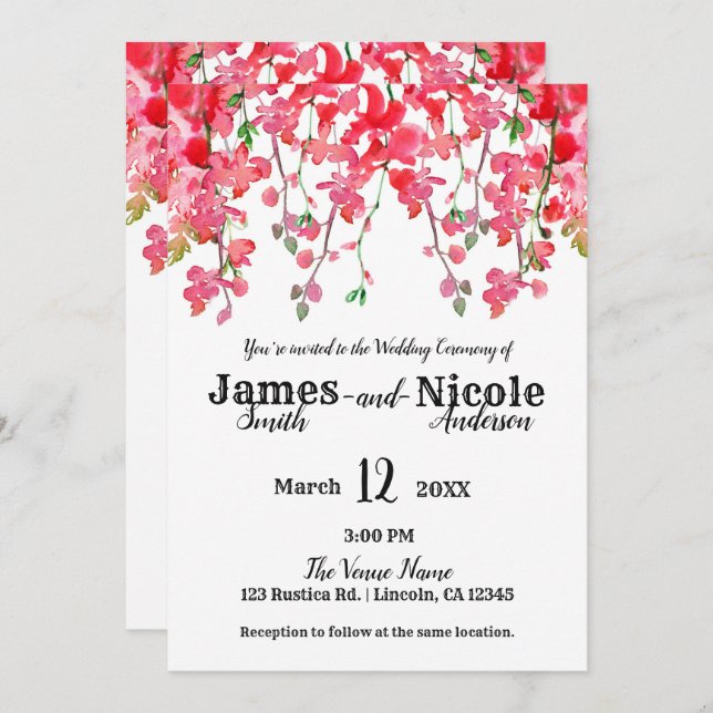 Spring Coral Orchid Branches Floral Wedding Invitation (Front/Back)