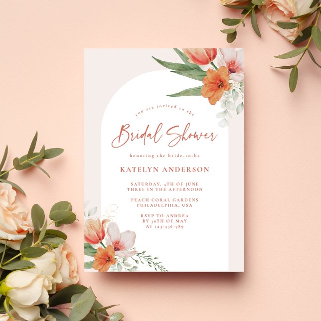 Spring Coral Peach Pink Floral Arch Bridal Shower Invitation (Creator Uploaded)