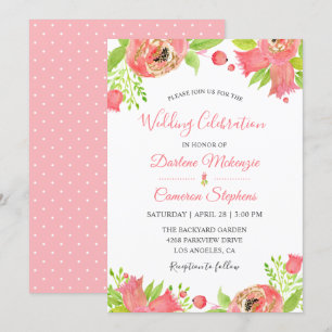 Spring Coral Pink Floral Garden Watercolor Wedding Invitation