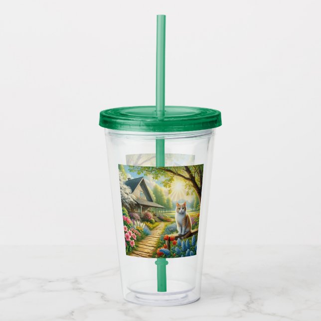 Spring cottage/garden & cat acrylic tumbler (Front)