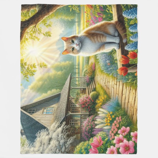 Spring cottage/garden & cat fleece blanket (Front)