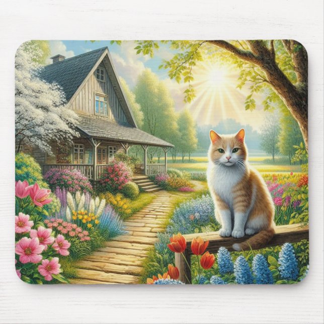 Spring cottage/garden & cat mouse mat (Front)