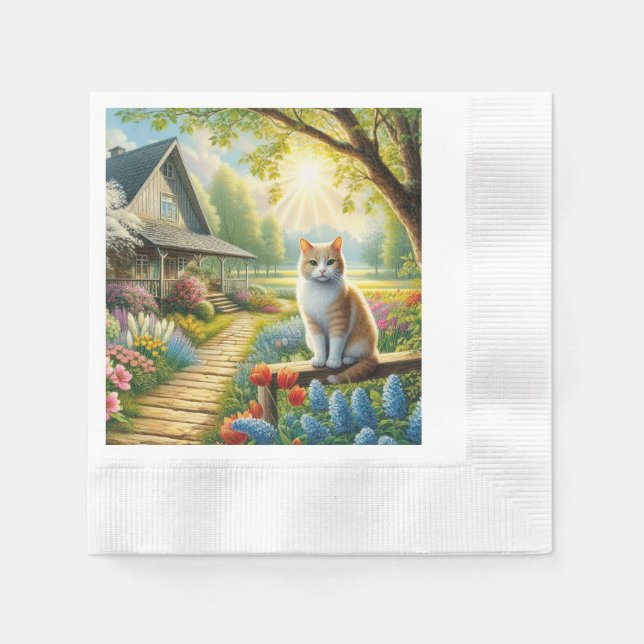 Spring cottage/garden & cat napkin (Front)