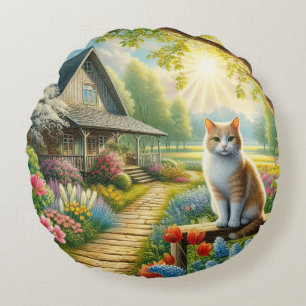 Spring cottage/garden & cat round cushion