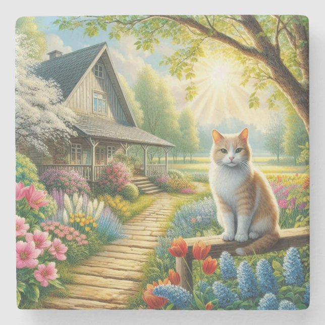 Spring cottage/garden & cat stone coaster (Front)