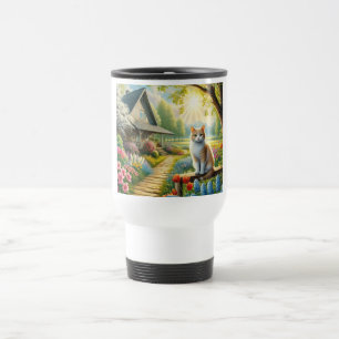 Spring cottage/garden & cat travel mug