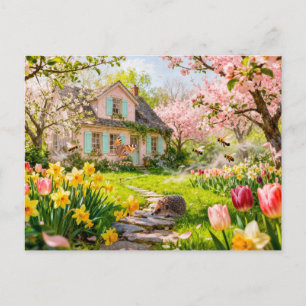 Spring Cottage with Bees, Hedgehog and Blossoming  Postcard