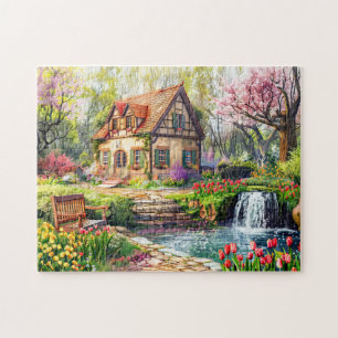 Spring Cottage with Blooming Tulips Jigsaw Puzzle