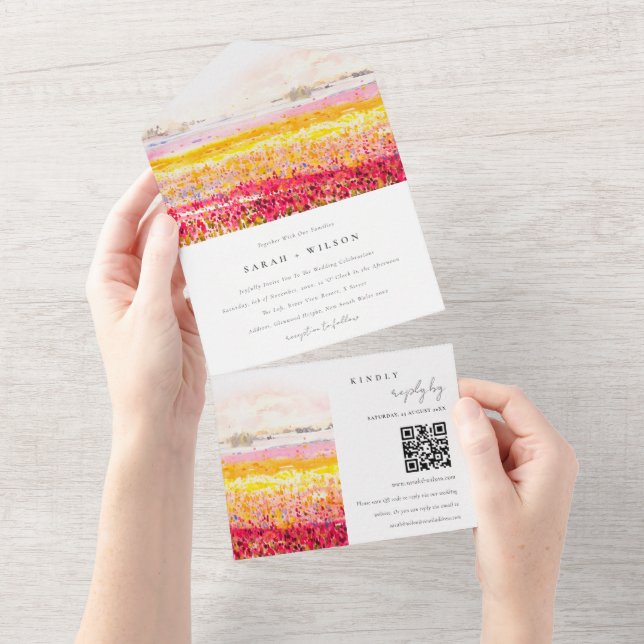 Spring Country Floral Landscape Wedding QR Code All In One Invitation (Tearaway)