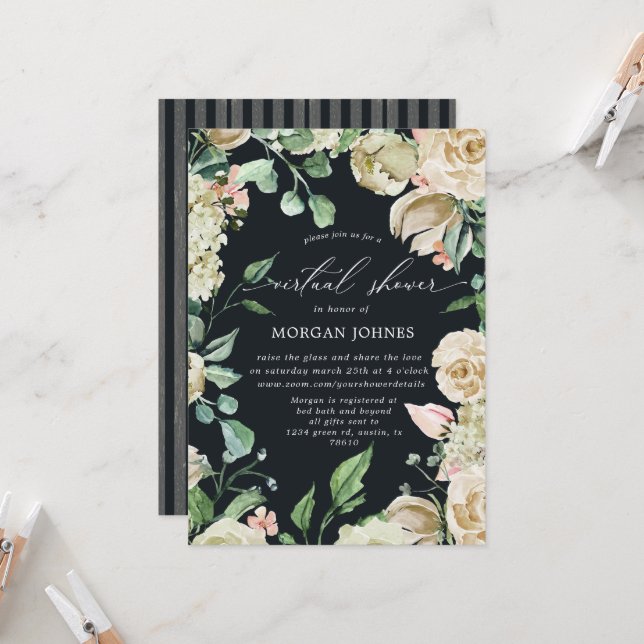 Spring Cream Floral Virtual Shower Invitation (Front/Back In Situ)