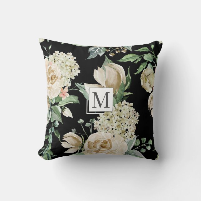 spring cream garden floral Monogram Throw Pillow (Front)