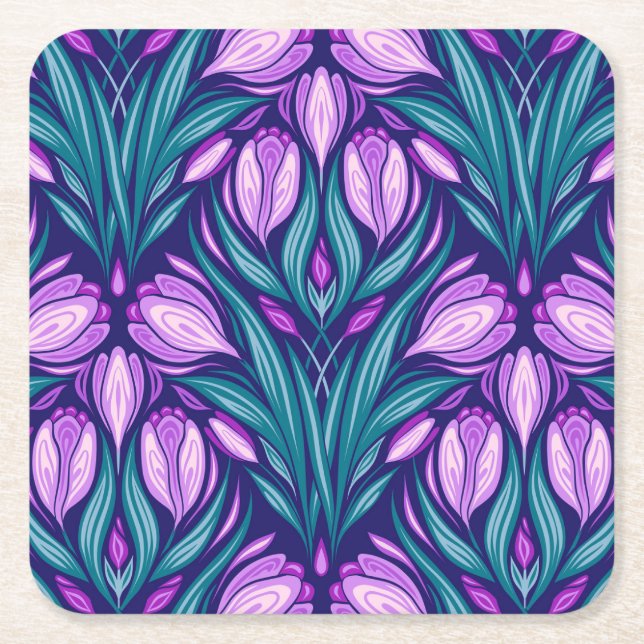 Spring crocuses square paper coaster (Front)