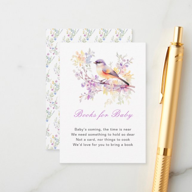 Spring Cute Bird Baby Shower Books For Baby Enclosure Card (Front/Back In Situ)