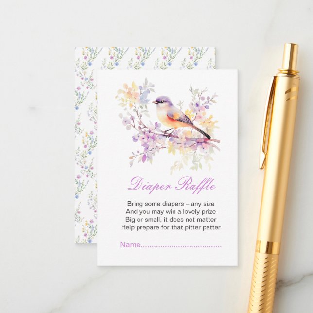 Spring Cute Bird Baby Shower Diaper Raffle Enclosure Card (Front/Back In Situ)