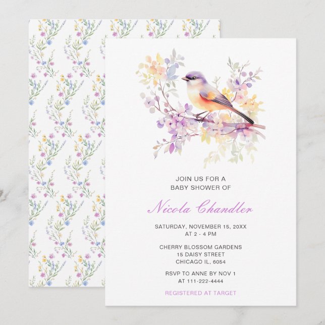 Spring Cute Bird Baby Shower Invitation (Front/Back)