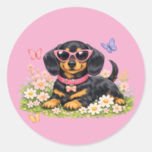 Spring Cute Dachshund in Flower Fields Classic Round Sticker