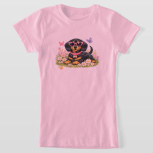 Spring Cute Dachshund in Flower Fields T-Shirt