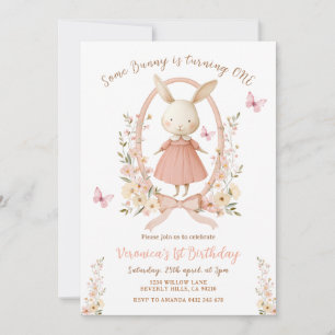 Spring Cute Floral Bunny Rabbit 1st Birthday  Invitation