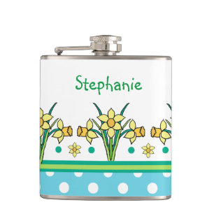Spring Daffodil Border and Polka Dots Hip Flask