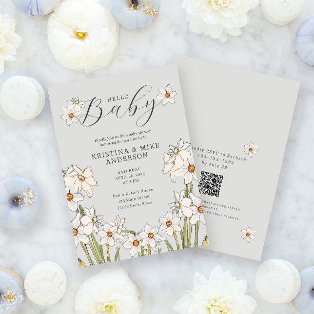 Spring Daffodil QR Code Hello Baby Shower  Invitation (Creator Uploaded)