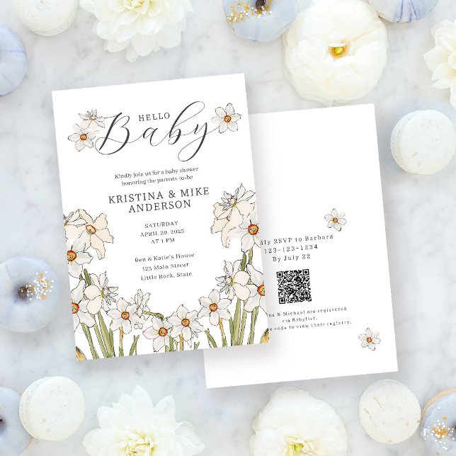 Spring Daffodil QR Code Hello Baby Shower  Invitation (Creator Uploaded)