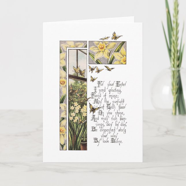 Spring Daffodils & Butterflies Vintage Easter Holiday Card (Front)