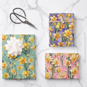 Spring Daffodils Mint green, Pink, Purple Wrapping Paper Sheet