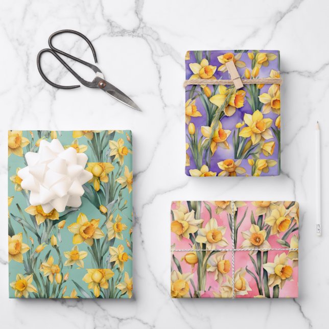 Spring Daffodils Mint green, Pink, Purple Wrapping Paper Sheet (Front)