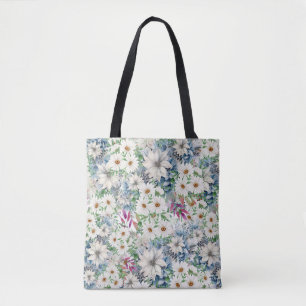 Spring Daisies & Blue Floral Pattern Tote Bag