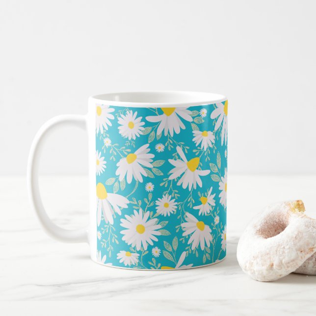 Spring Daisies - Bright Blue Coffee Mug (With Donut)