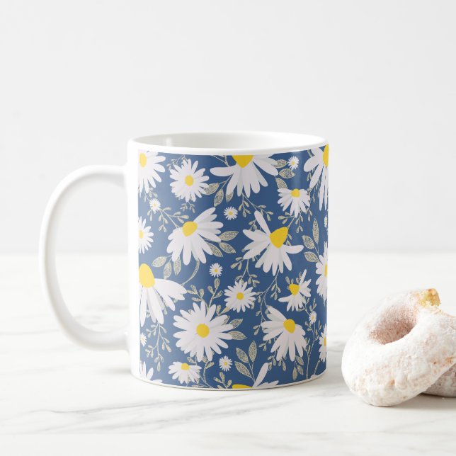 Spring Daisies - Dark Blue Coffee Mug (With Donut)