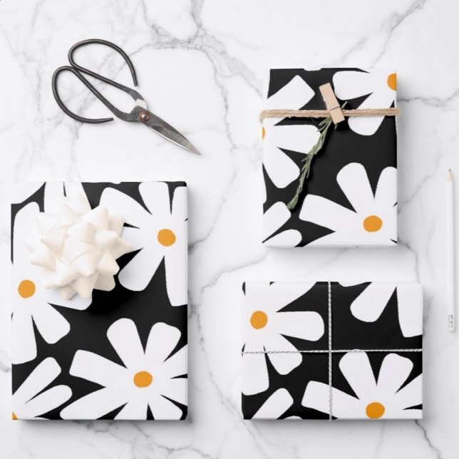 Spring daisies floral retro pattern black  wrapping paper sheet (Creator Uploaded)