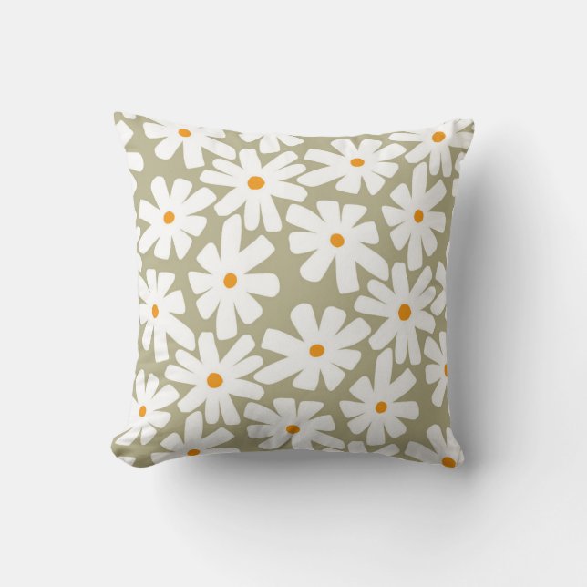 Spring daisies floral retro pattern sage green cushion (Front)