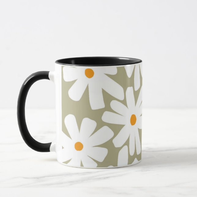 Spring daisies floral retro pattern sage green mug (Left)