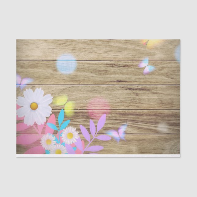 Spring Daisies Foliage and Butterflies on Wood Tissue Paper (Front)