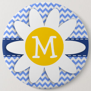 Spring Daisy; Blue Chevron Pattern 6 Cm Round Badge