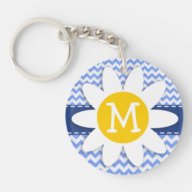 Spring Daisy; Blue Chevron Pattern Key Ring (Front)