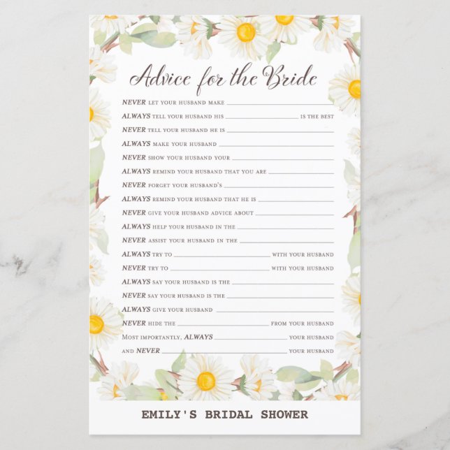 Spring Daisy Flower Bridal Shower Game PRINTED (Front)