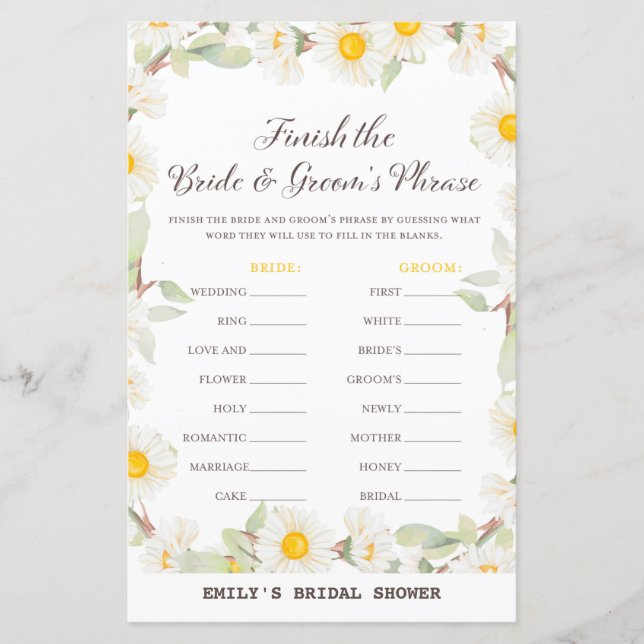Spring Daisy Flower Bridal Shower Game PRINTED (Front)