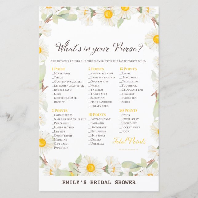 Spring Daisy Flower Bridal Shower Game PRINTED (Front)