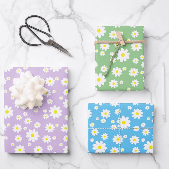 Spring Daisy Pattern Pastel Purple Blue Green Wrapping Paper Sheet (Front)
