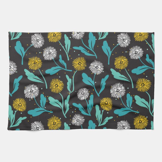 Spring Dandelion Flowers and Leaves Design Tea Towel (Horizontal)