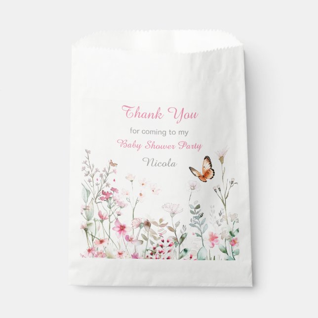 Spring Deep Pink Butterfly Floral Baby Shower Favour Bags (Front)
